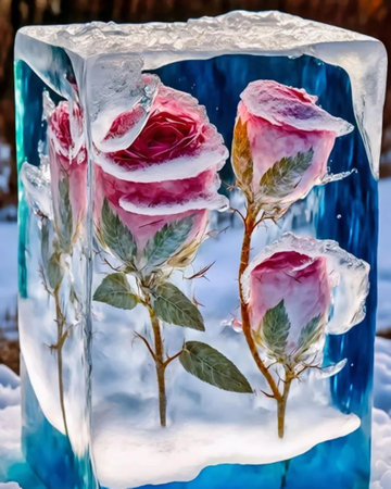 Frozen rose in the ice cube. Symbol of love and romance.の写真素材