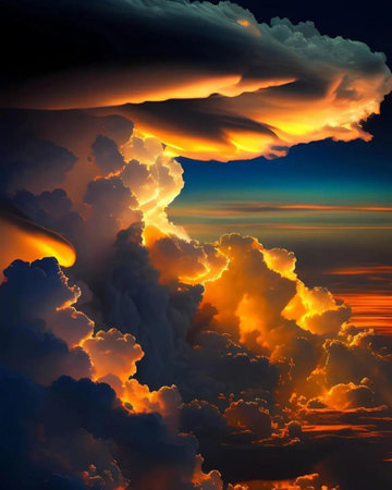 Sunset over the clouds in the sky. 3D illustration.の素材