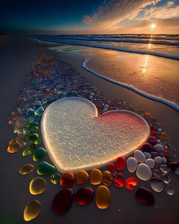 Heart on the beach at sunset. Valentines Day background. Love concept.の写真素材