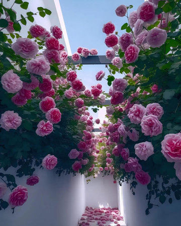 Beautiful pink roses on the white wall of the house in summerの写真素材