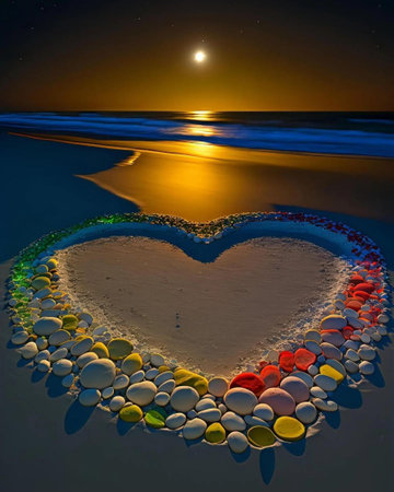 Heart shape made of colorful stones on the beach at night with moonの写真素材