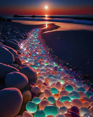 Beautiful sunset over the sea with colorful glass balls on the shoreの写真素材