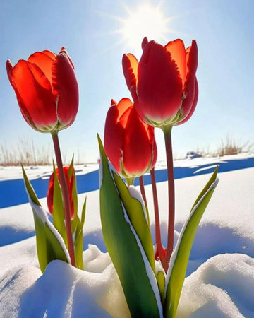 Red tulips in the snow on a background of blue sky.の写真素材