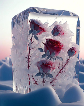 Ice cube with red roses on the background of winter landscape. 3d renderの写真素材