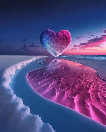 Heart in the ice on the beach at sunset. 3d renderの素材