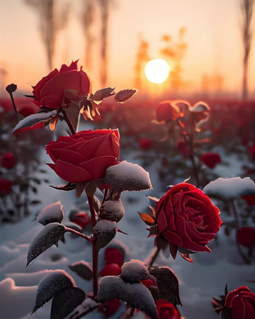 Red roses in the snow at sunset. Beautiful winter landscape with flowers.の素材