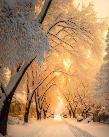 Snow-covered alley in the city at sunset. Moscow, Russiaの素材