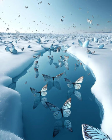 Butterflies on ice floe in winter. 3d renderの素材