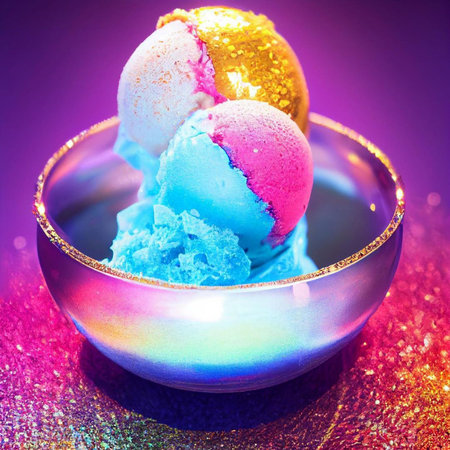 Colorful ice cream in a bowl with bokeh background.の素材