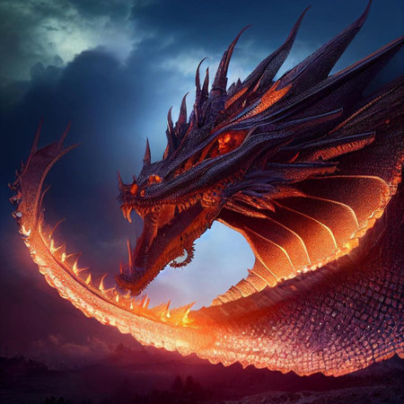 dragon on the background of the night sky. 3d rendering.の素材