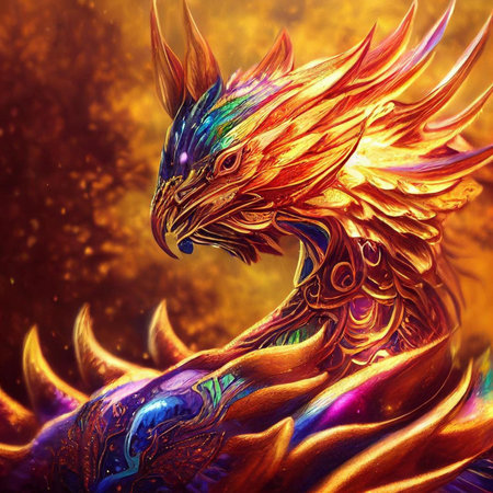 3D rendering of a fantasy dragon with colorful feathers on a dark backgroundの素材