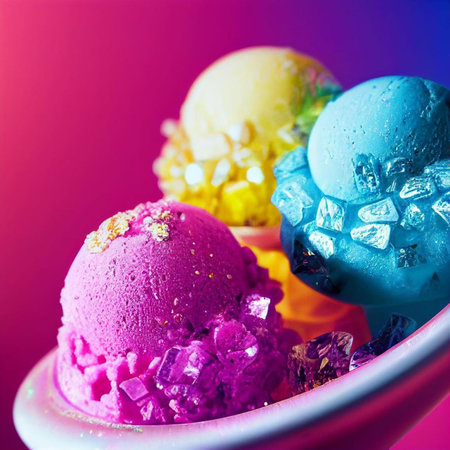 Closeup of colorful ice cream scoops in pink bowl on purple backgroundの素材