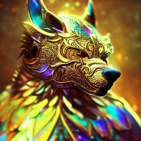 Golden dog on abstract background. Computer generated illustration. 3D rendering.の素材