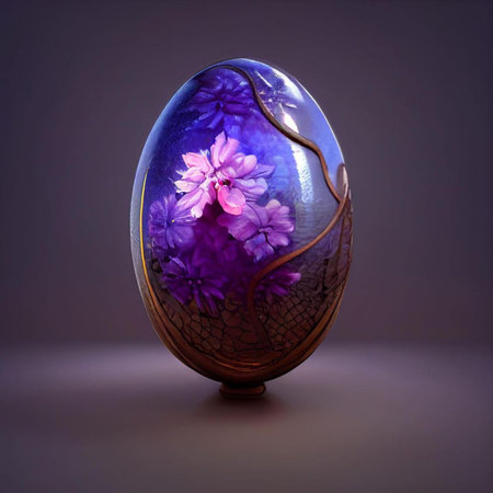 Easter egg decorated with flowers in a vase on a dark backgroundの素材