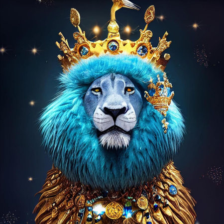 Lion with crown on black background. 3D illustration. Fantasy animal.の素材