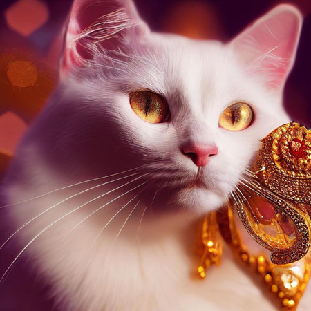Portrait of a white cat with a golden mask and beads.の素材