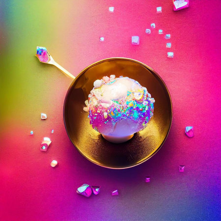 Ice cream with rainbow sprinkles in golden bowl on colorful background.の素材