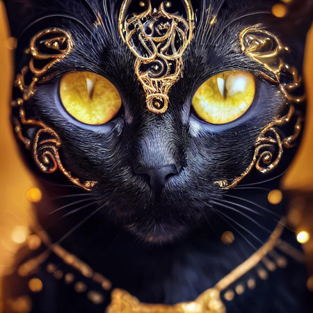 Beautiful black cat with golden ornaments on the face.の素材