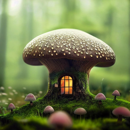 Mysterious mushroom with a window in the forest. 3D renderingの素材