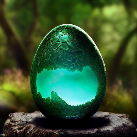 Easter egg in the green forest. 3D illustration. Nature background.の素材