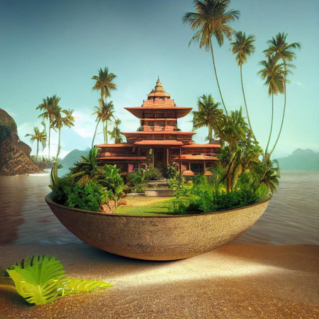 Tropical island with palm trees and pagoda on the sandの素材