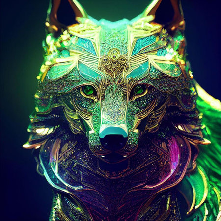 Futuristic metal wolf mask on black background. 3d renderingの素材