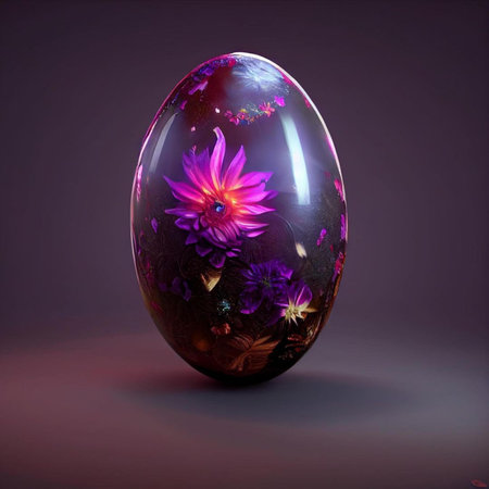 Easter egg decorated with flowers on dark background. 3d renderの素材