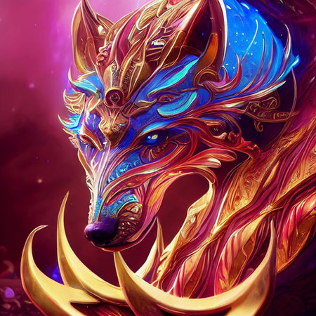 Colorful fantasy illustration of a wolf head in the form of a dragonの素材