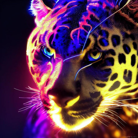 Neon portrait of leopard on a black background. 3d renderingの素材