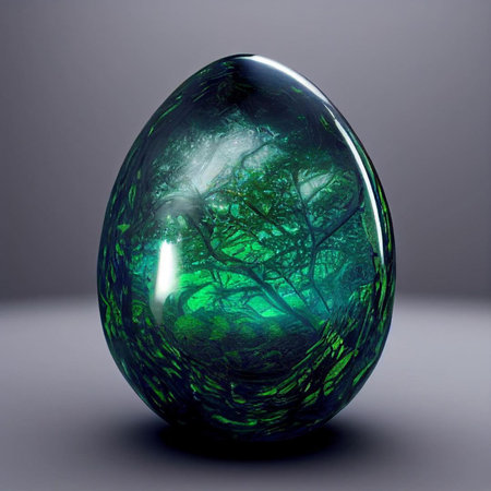 Easter egg with green tree inside. 3D render illustration.の素材