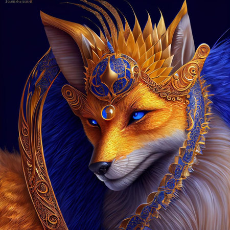 Fantasy illustration of a fox with a crown on his head.の素材