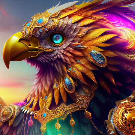 3D illustration of a golden eagle with feathers and precious stones.の素材
