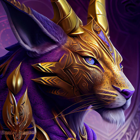 3D rendering of a fantasy goat with golden ornament on a purple backgroundの素材
