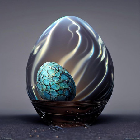 Easter egg in a glass vase on a gray background.の素材