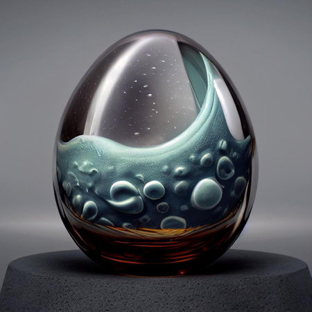 glass egg with bubbles on a gray background. 3d illustration.の素材