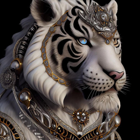 3D rendering of a white tiger in a fantasy costume isolated on black backgroundの素材