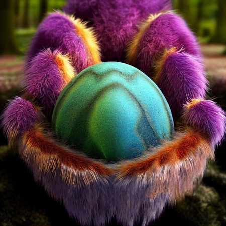 Easter egg in a fur nest. 3D illustration. Computer generated image.の素材