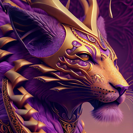 3D rendering of a fantasy lion with a golden mask in a purple backgroundの素材