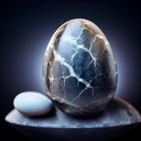 Easter egg with cracked glass on a black background. Toned.の素材