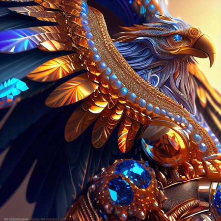 3D rendering of abstract fractal composition with embossed golden eagleの素材