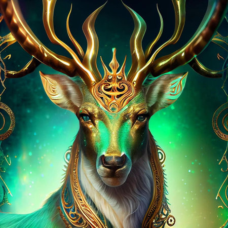 3D rendering of a fantasy deer with golden crown on his headの素材