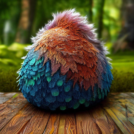 Colorful ostrich on a wooden table in a fantasy forest.の素材
