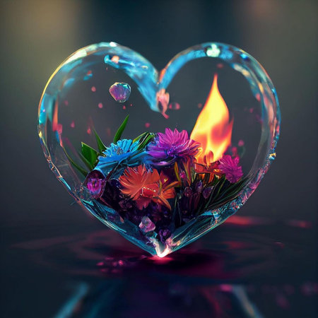 Heart shaped candle with colorful flowers on dark background. Valentine's Dayの素材