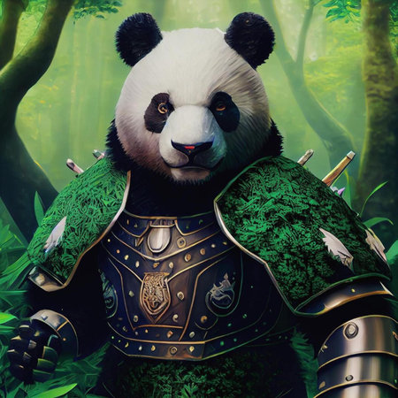 A giant panda warrior in a green forest. 3d renderingの素材