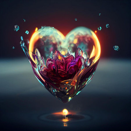 Crystal heart with water drops on dark background. 3D rendering.の素材