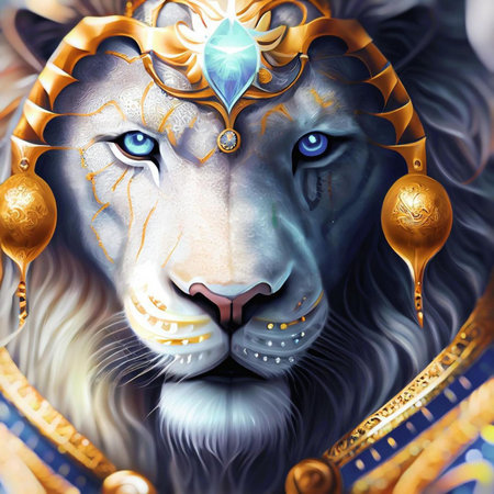 Lion with golden crown. Digital painting. 3D rendering.の素材