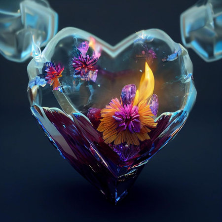 crystal heart with flowers on black background, 3d render illustrationの素材