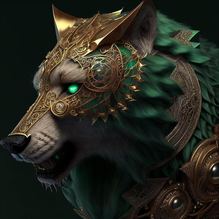 3D rendering of a wolf with a golden helmet and a shieldの素材