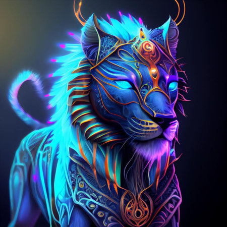 Tattoo art tiger with colorful neon lights. 3D renderingの素材