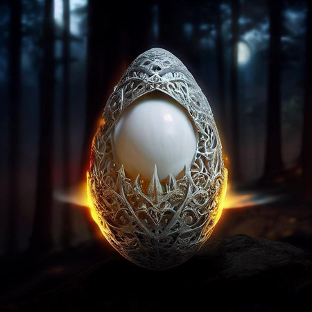 Easter egg in the dark forest. 3d render illustration.の素材